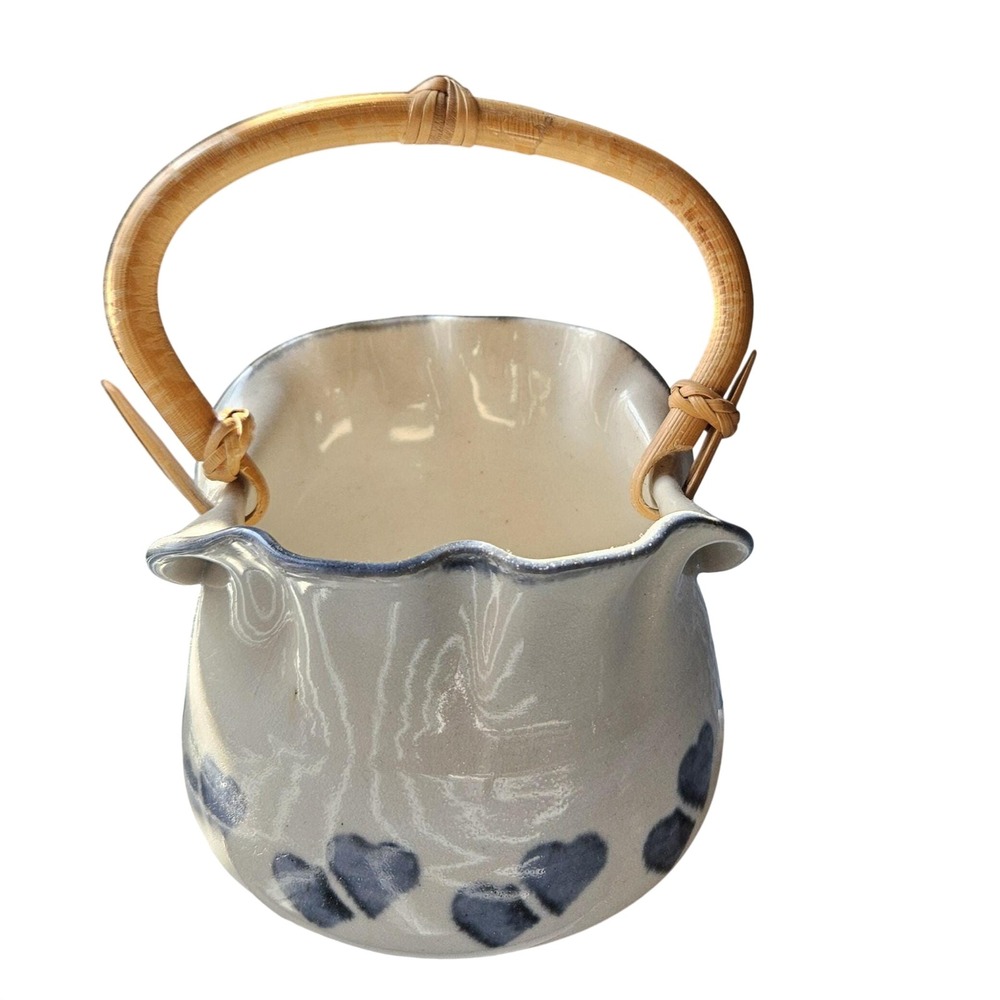 Vintage Blue White Pottery basket with bamboo handle blue hearts Janet Rodriguez